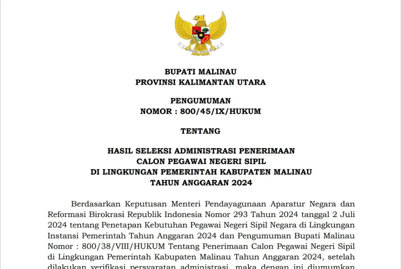 Pengumuman Hasil Seleksi Administrasi CPNS Malinau 2024