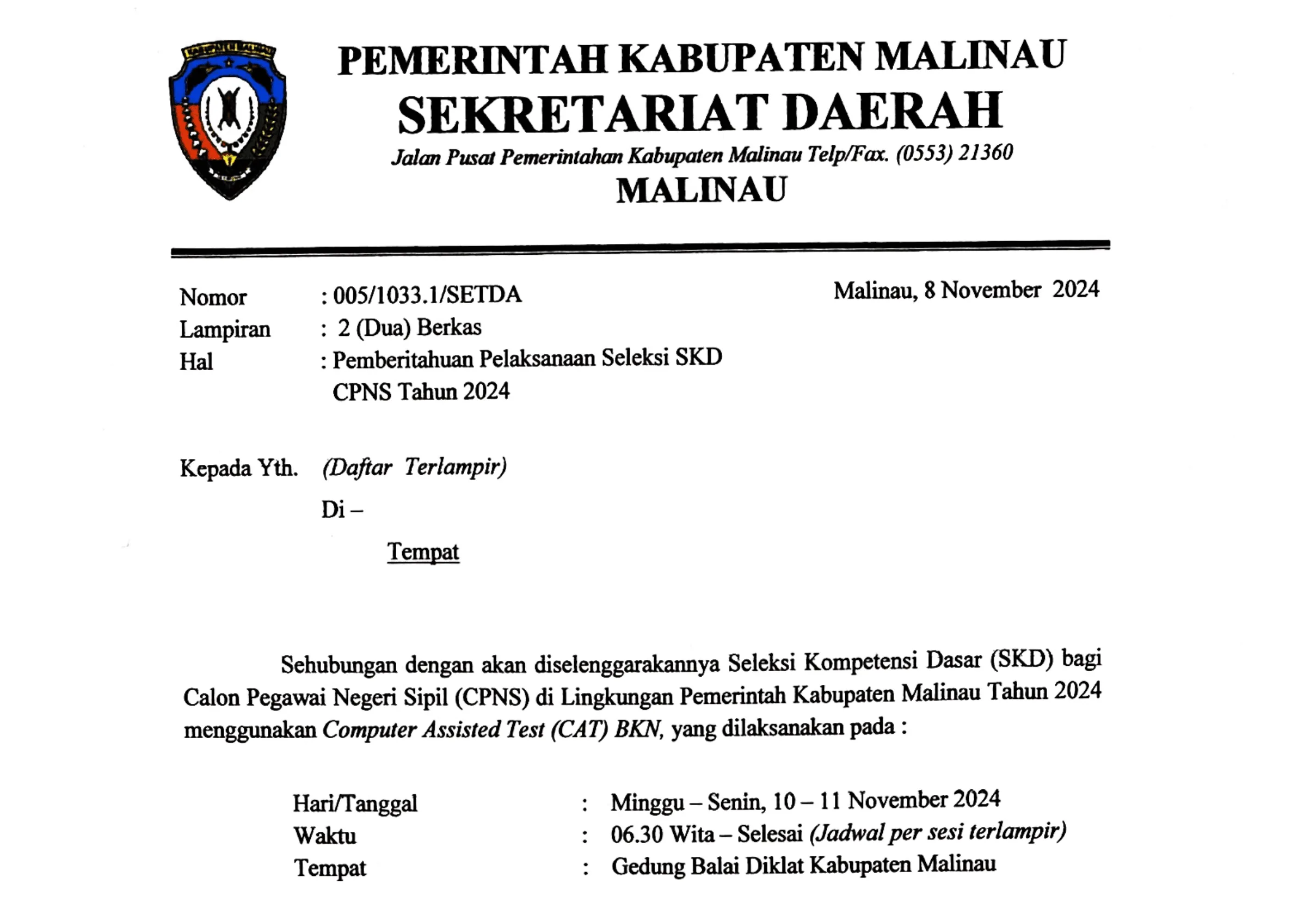 pengumuman skd cpns malinau Pengumuman Jadwal Seleksi CPNS Malinau