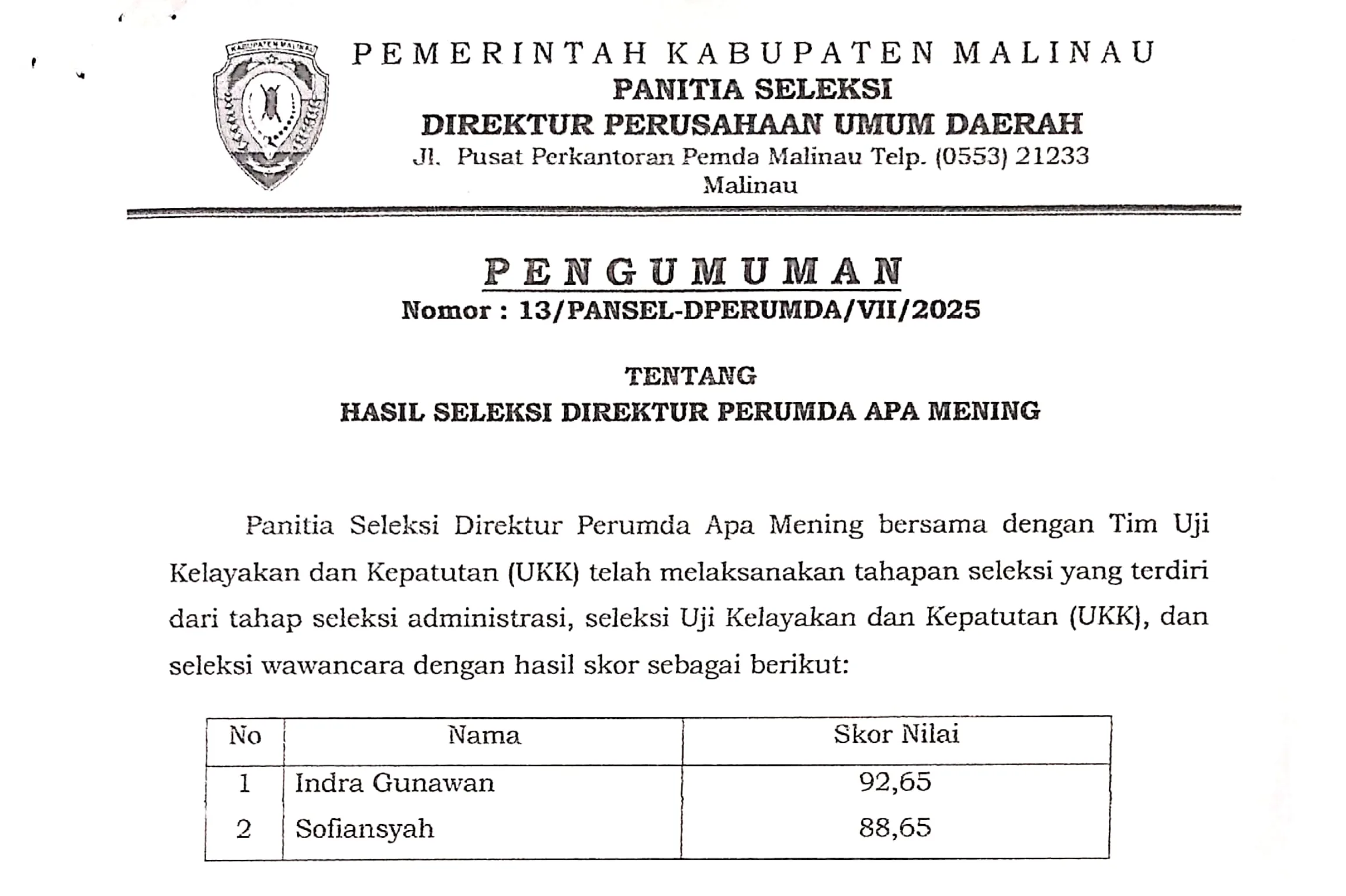 Akhir Seleksi Direktur PDAM Malinau Pengumuman Hasil Akhir Seleksi DIrektur PDAM Malinau 2025-2030