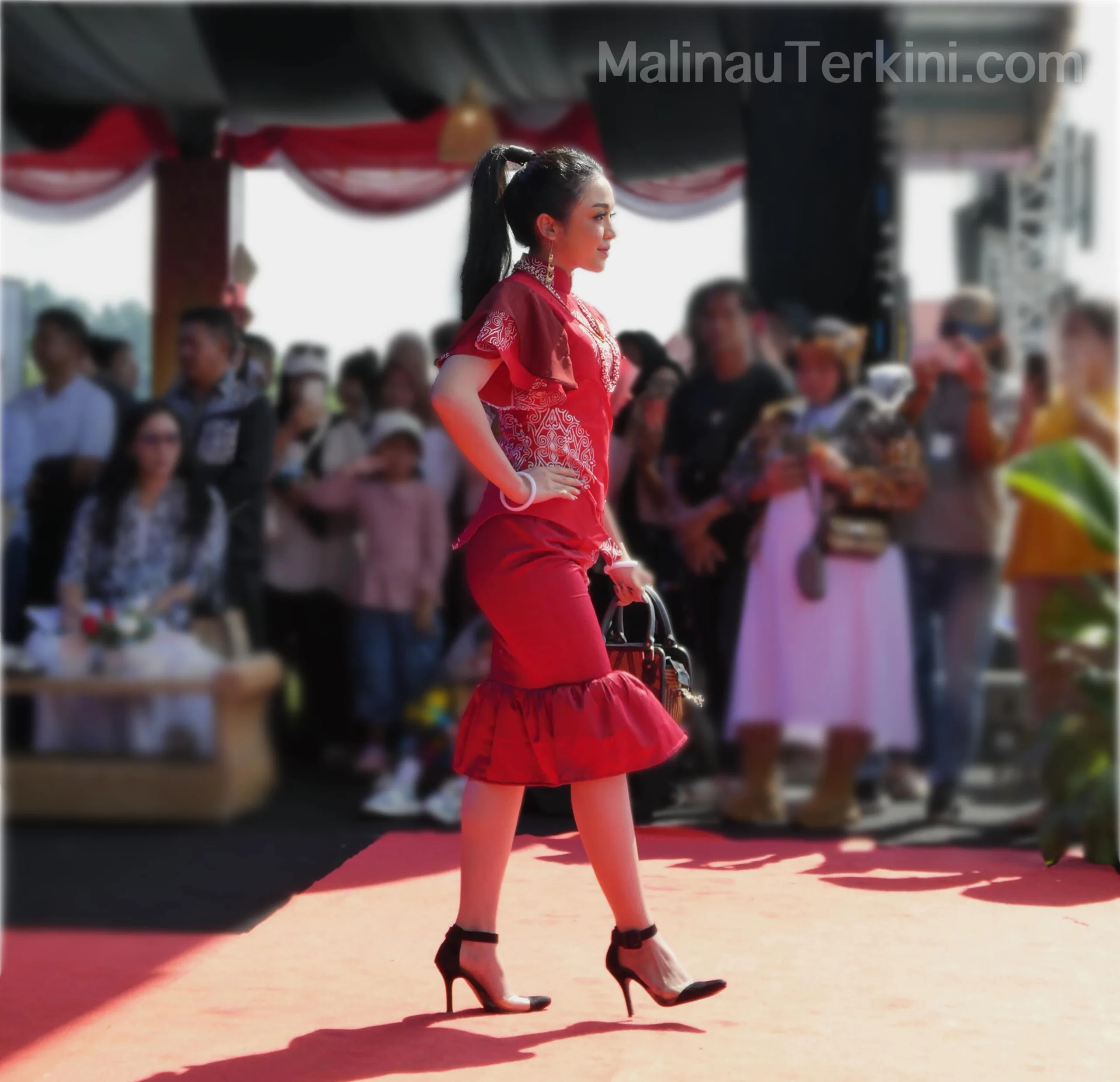 Fashion Show Irau Malinau Suasana peserta fashion show Irau Malinau berjalan di panggung mengenakan batik lokal di depan penonton, Sumber: MalinauTerkini.com