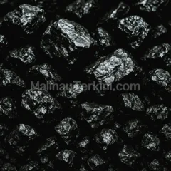 Close up batu bara Malinau menampilkan permukaan kasar berkilau hitam pekat dengan tekstur alami khas batu bara segar hasil tambang.