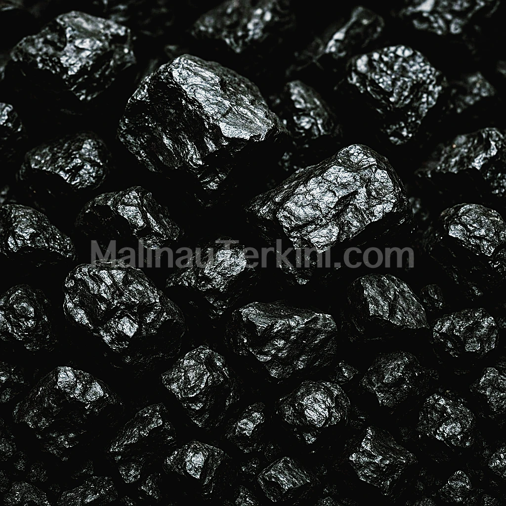 Batubara Malinau Close up batu bara Malinau menampilkan permukaan kasar berkilau hitam pekat dengan tekstur alami khas batu bara segar hasil tambang.