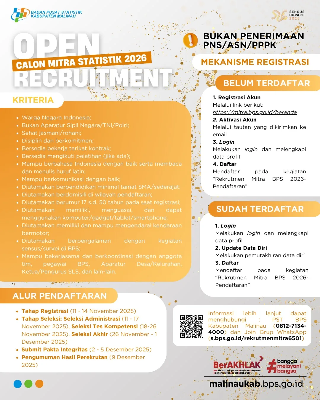 Badan Pusat Statistik (BPS) Kabupaten Malinau membuka lowongan Mitra Statistik Tahun 2026.