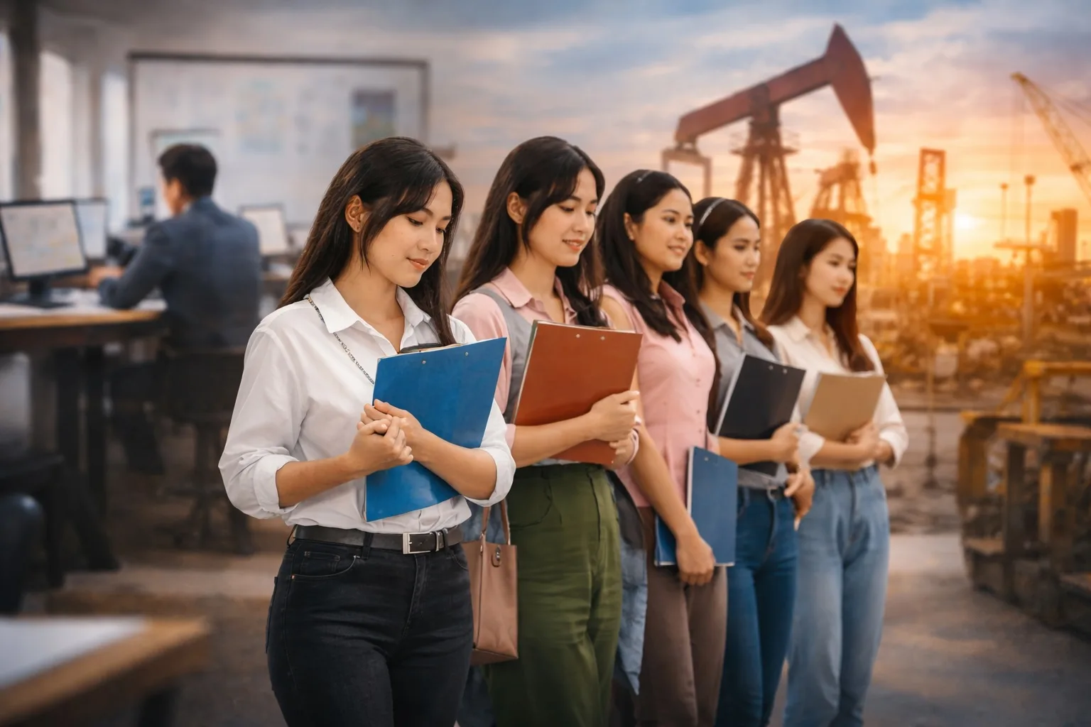 Antrean perempuan pencari kerja memegang berkas lamaran saat menunggu proses rekrutmen.