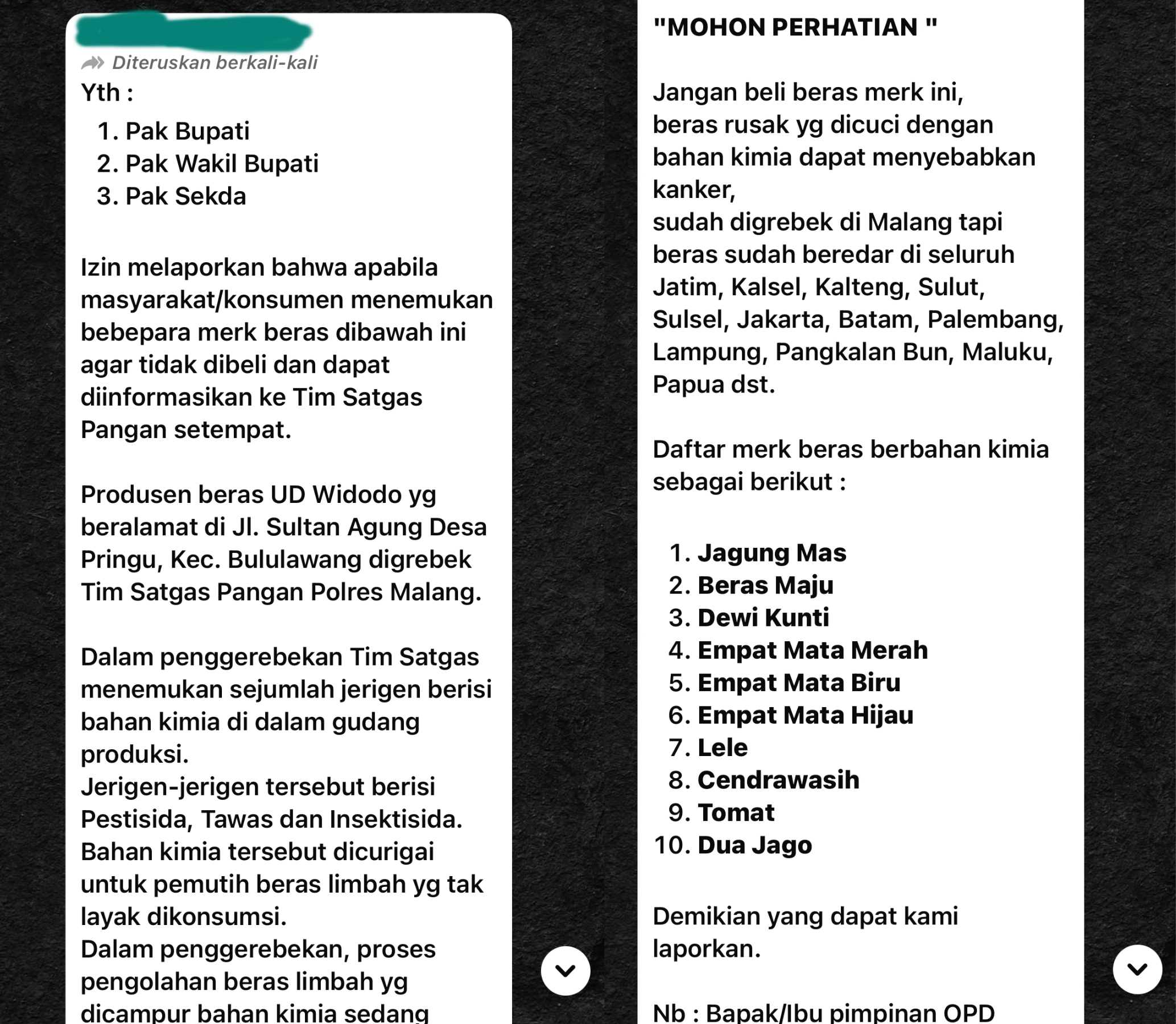 Tangkapan layar pesan berantai WhatsApp berisi informasi hoaks tentang dugaan peredaran beras berbahan kimia yang beredar di grup WhatsApp Malinau.