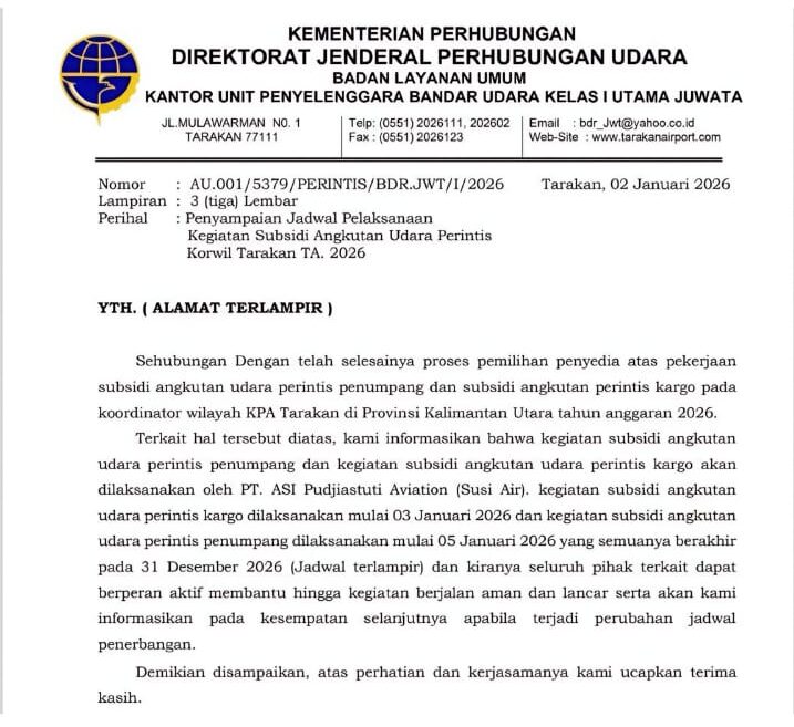 Surat Tembusan Kemenhub RI Susidi Penerbangan Perintis unutk rute Kaltara Tahun 2026