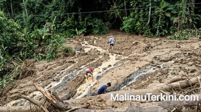 Sisa material banjir lumpur yang masuk ke dalam rumah warga di lokasi kejadian Longsor Long Berang.