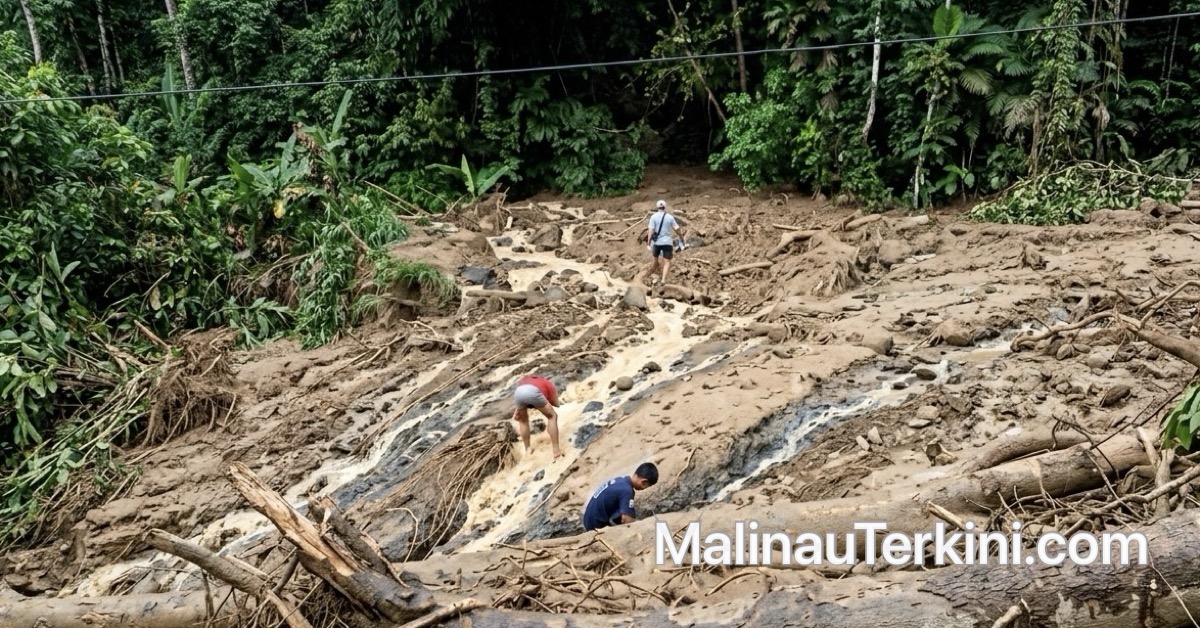 Sisa material banjir lumpur yang masuk ke dalam rumah warga di lokasi kejadian Longsor Long Berang.