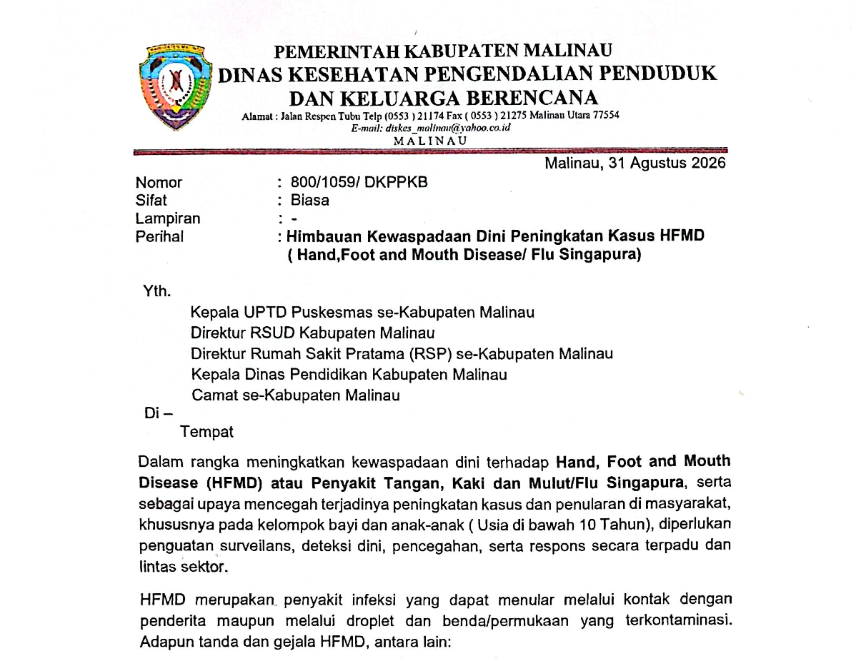 Malinau Siaga Flu Singapura, Kenali Ciri dan Jalur Penularannya ©MalinauTerkini.com Surat kewaspadaan penyebaran flu singapura di Malinau