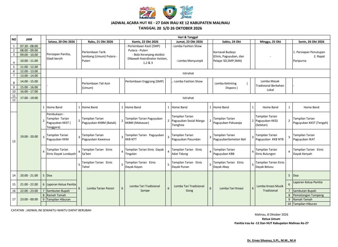 Infografis susunan acara dan jadwal irau malinau 2026 dari tanggal 20 hingga 26 Oktober 2026